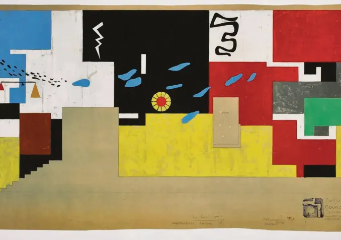 Etude pour la tapisserie de la salle du Conseil de la Haute Cour de Chandigarh, Le Corbusier (Charles-Edouard Jeanneret), 1961. Gouache sur tirage hélio, 49 × 122 cm, Fondation Le Corbusier, Paris. © FLC/ProLitteris, Zurich