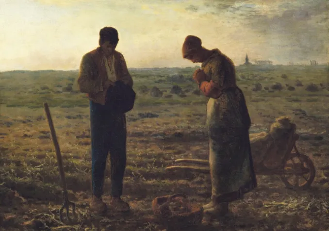 L’Angélus, huile sur toile (entre 1857 et 1859) de Jean-François Millet (1814-1875). Figure majeure du réalisme, Jean- François Millet donne une dimension sacrée au travail de la terre et au quotidien des humbles.